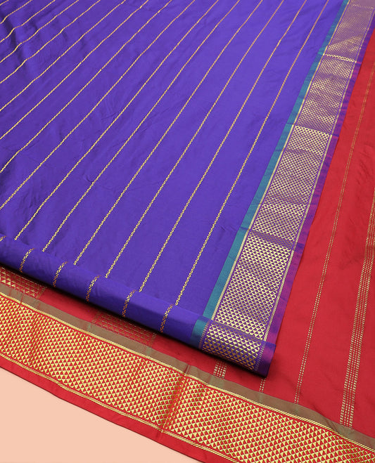 Blue Ten-Yard Art Silk Saree Adorned with Neli Stripes on Its Body, Complemented by a Contrast Traditional Ara Maadam Border, and Pallu Elevated with Traditional Ara Maadam Designs