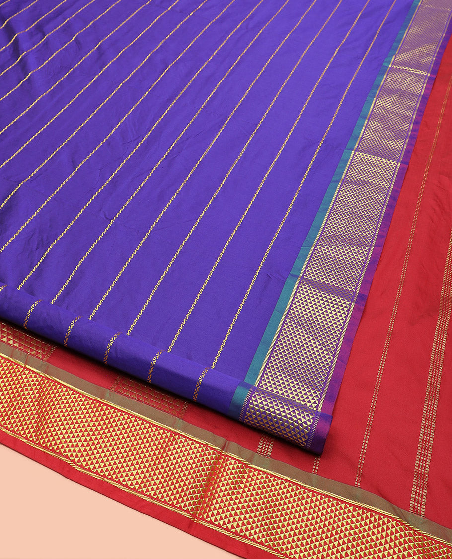 Blue Ten-Yard Art Silk Saree Adorned with Neli Stripes on Its Body, Complemented by a Contrast Traditional Ara Maadam Border, and Pallu Elevated with Traditional Ara Maadam Designs