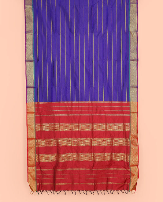 Blue Ten-Yard Art Silk Saree Adorned with Neli Stripes on Its Body, Complemented by a Contrast Traditional Ara Maadam Border, and Pallu Elevated with Traditional Ara Maadam Designs
