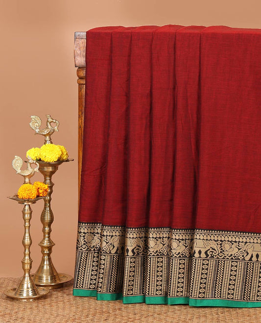Maroon plain masraise cotton saree, contrast border of elephant, peacock & geometric design & lining seer pallu