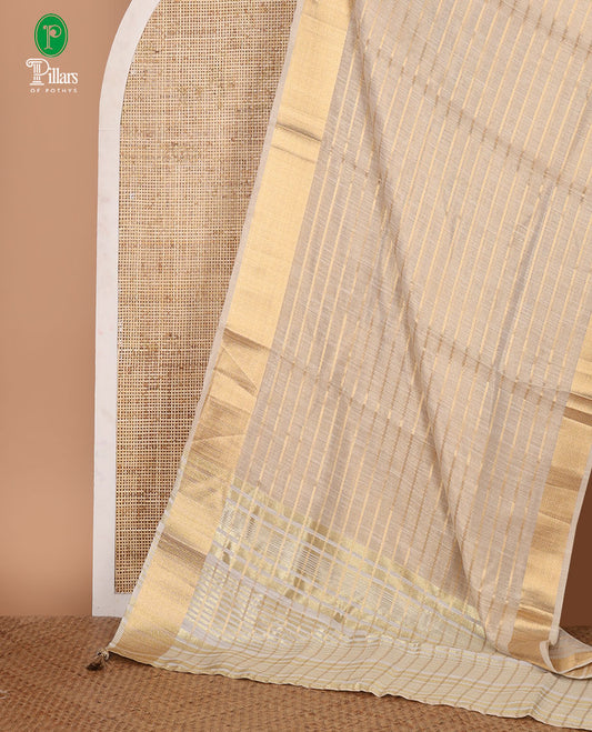 Half-white zari horizontal stripes viscose georgette saree, zari-vanki design border, lining seer pallu & zari design running blouse