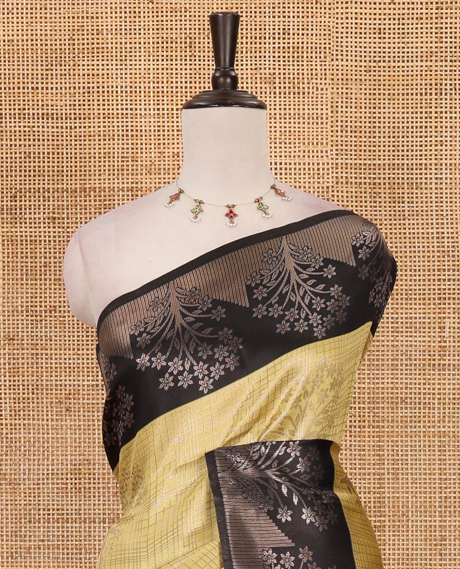 Yellow zari checked & floral buttas kanchi silk saree,contrast satin border of floral zari motifs,intrictae pallu & contrast plain blouse