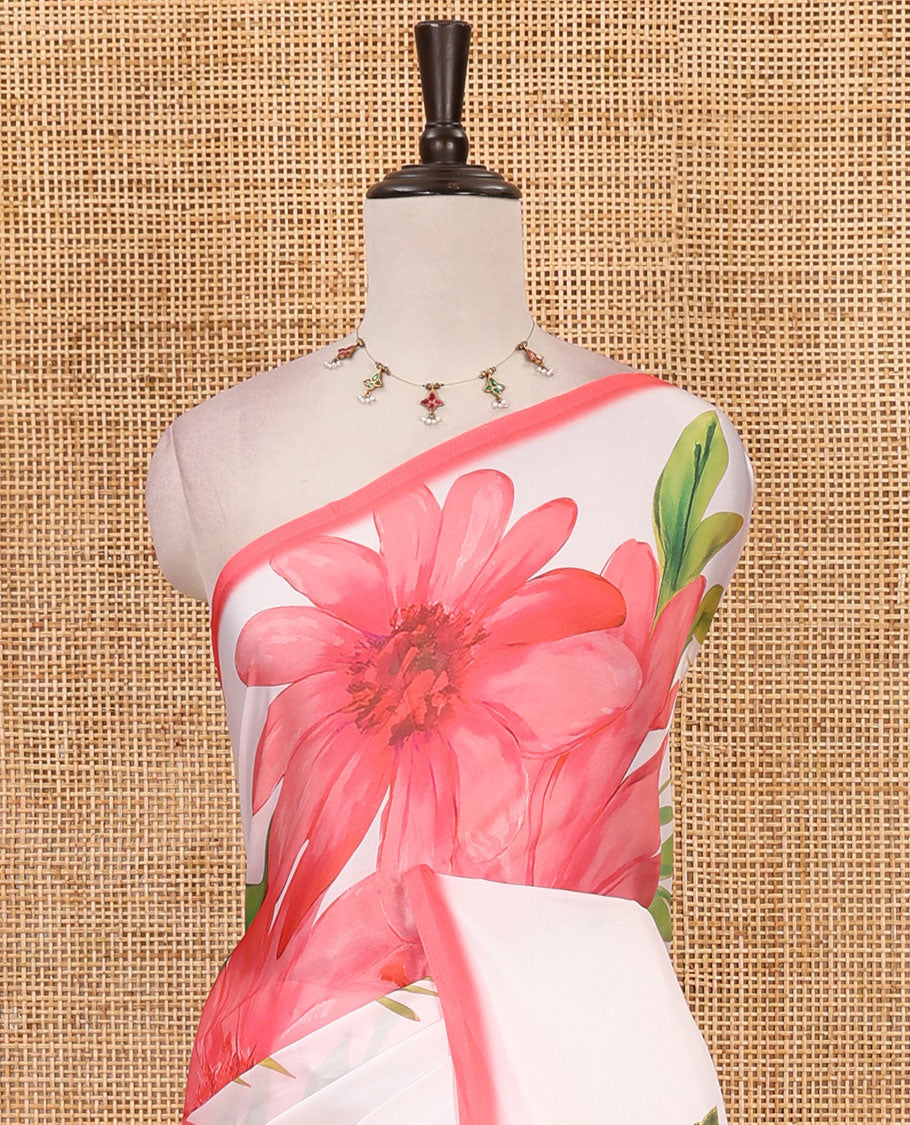 Cream base digital printed satin crepe saree with big pink floral motifs all over the saree, plain pink border & blouse