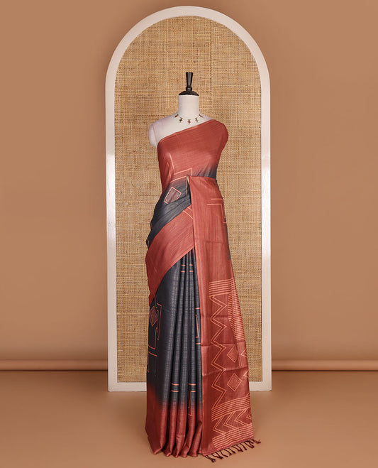 Borderless grey and pink zari stripes and geometric patterns printed soft tussar saree, geometric printed pallu, and contrast diamond motif printed blouse