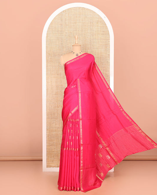 Rani elephant motifs woven Russian silk saree, traditional motifs piping border, zari striped pallu, and a contrast buttas blouse