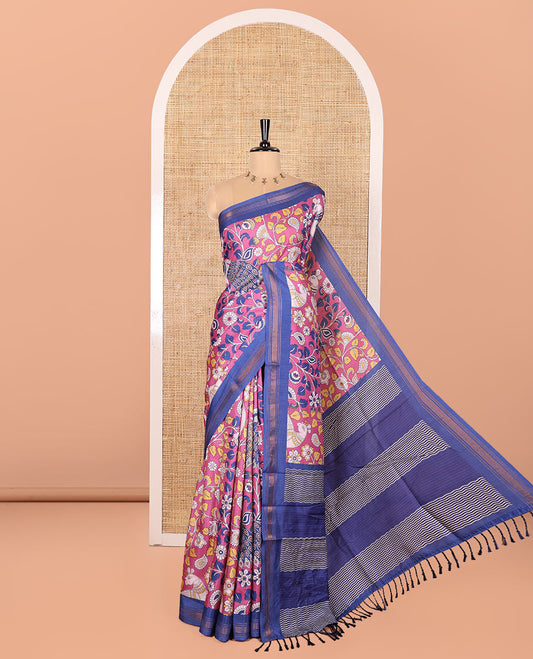 Pink Manipuri Silk Saree, Accentuated with Kalamkari-Style Floral Vine and Peacock Motifs Printed All Over Its Body, Complemented by a Contrast Zari Border, Pallu of Chevron Stripes, and Paired with a Contrast Blouse