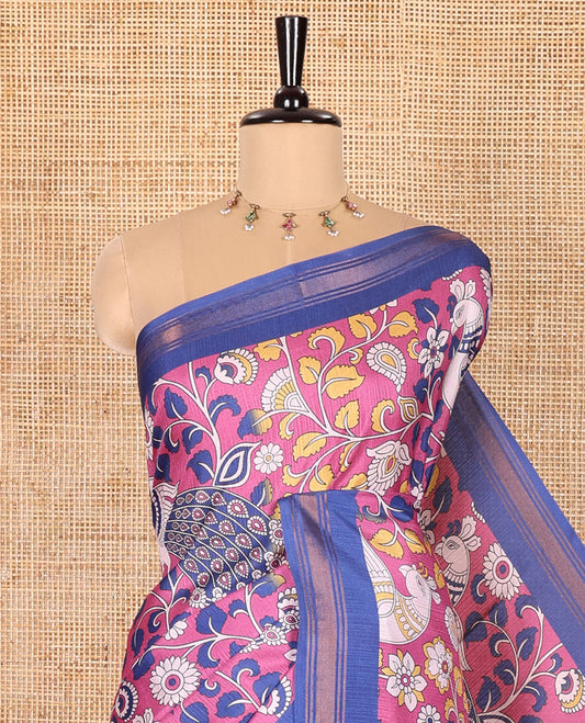 Pink Manipuri Silk Saree, Accentuated with Kalamkari-Style Floral Vine and Peacock Motifs Printed All Over Its Body, Complemented by a Contrast Zari Border, Pallu of Chevron Stripes, and Paired with a Contrast Blouse