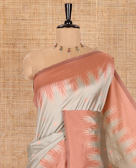 Grey Kanchi Silk Saree, Subtly Woven with Flower Buttas All Over Its Body, Complemented by a Contrast Temple Border, Pallu Mirrors the Same Floral Motifs, and Paired with a Contrast Blouse