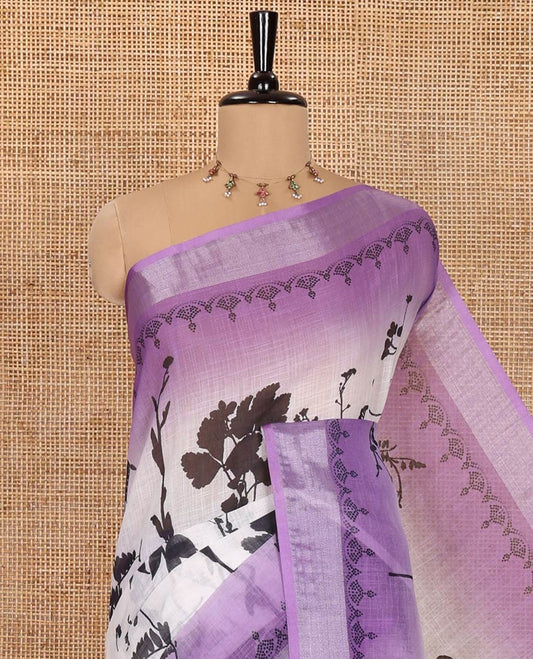 White and Violet Linen Cotton Saree, Elevated with Silhouette-Style Floral Motifs Printed on Its Body, Complemented by Contrast Bavanji Border, Pallu of Silhouette-Style Floral Print, and Comes with a Matching Blouse