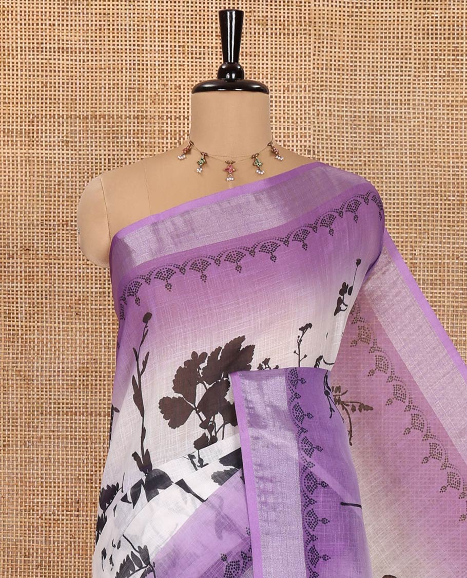 White and Violet Linen Cotton Saree, Elevated with Silhouette-Style Floral Motifs Printed on Its Body, Complemented by Contrast Bavanji Border, Pallu of Silhouette-Style Floral Print, and Comes with a Matching Blouse