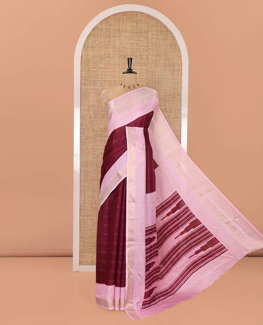 Wine Milan Moss Chiffon Saree, Subtly Sparkled with Stripes on Its Body, Complemented by a Contrast Geometric-Patterned Zari Border, Pallu of Stripes and Temple Designs, and Paired with a Contrast Blouse