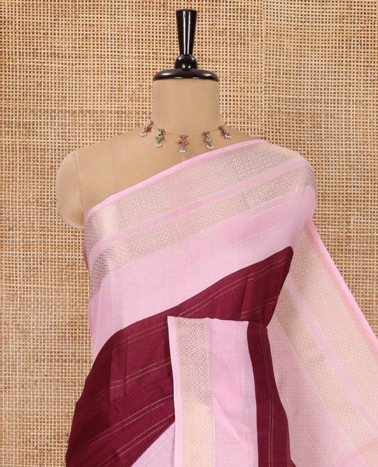Wine Milan Moss Chiffon Saree, Subtly Sparkled with Stripes on Its Body, Complemented by a Contrast Geometric-Patterned Zari Border, Pallu of Stripes and Temple Designs, and Paired with a Contrast Blouse