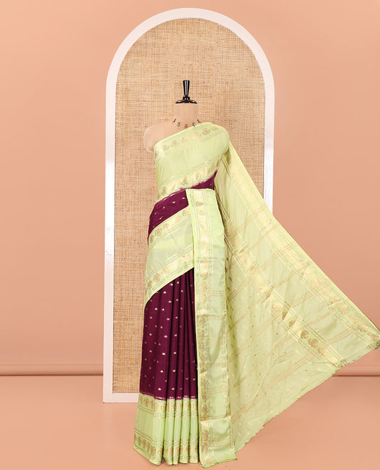 Purple Art Mysore Silk Saree, Accentuated with Zari Buttas All Over Its Body, Complemented by a Contrast Rettai Pettu Border of Two-Headed Eagle Designs, Pallu Steeped with Buttas and Stripes, and Paired with a Contrast Blouse
