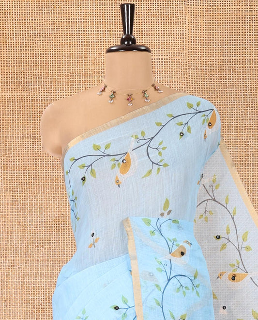 Blue Linen Cotton Saree, Decorated with Floral Vine Print and Mirror Work On Its Body, Subtle Piping Border, Pallu Steeped with Stripes, and Comes With a Contrast Blouse
