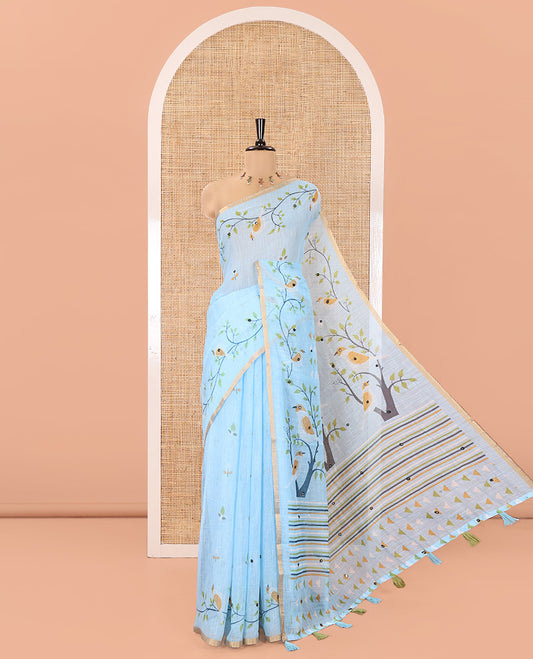 Blue Linen Cotton Saree, Decorated with Floral Vine Print and Mirror Work On Its Body, Subtle Piping Border, Pallu Steeped with Stripes, and Comes With a Contrast Blouse