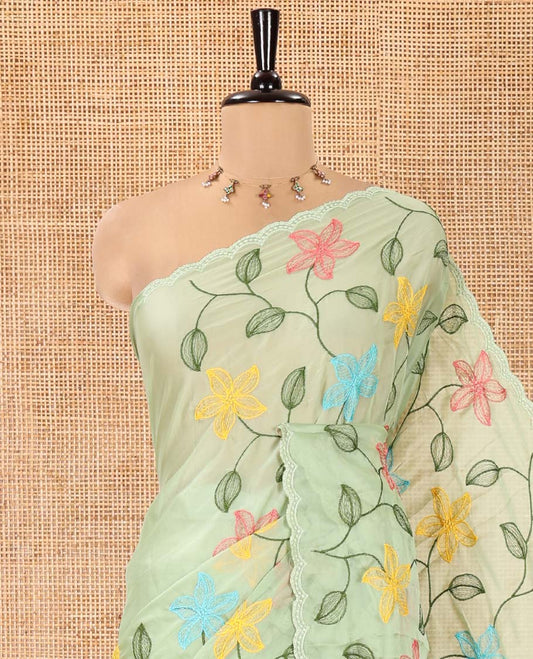 Pista Green Rangoli Chiffon Saree, Crafted with Multi-Color Floral Vine Embroidery on Its Body, Floral Embroidered Pallu, and Contrast Floral Embroidered Blouse