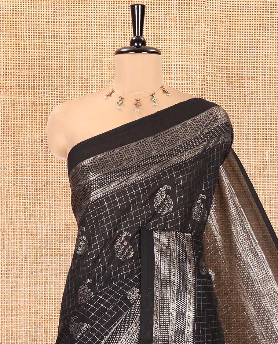 Black Vichitra Silk Saree Features Checks and Paisley Buttas, Highlighted by a Traditional Zari Border and Contrast Embroidered Blouse