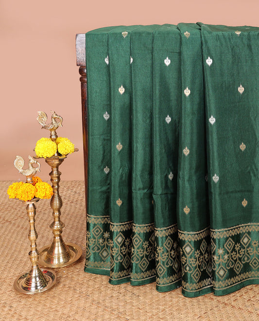 Bottle green patola style zari butta dola silk saree with patola zari design border & rich pallu along with plain blouse