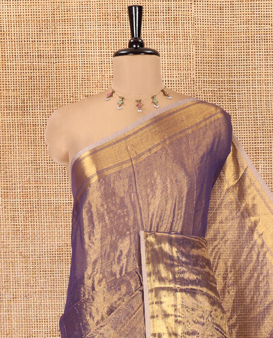Navy Blue Plain Khadi Tissue Saree, a Gleaming Zari Bavanji Border, Golden Zari Striped Pallu, and Paired with a Matching Blouse