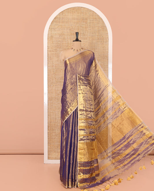 Navy Blue Plain Khadi Tissue Saree, a Gleaming Zari Bavanji Border, Golden Zari Striped Pallu, and Paired with a Matching Blouse