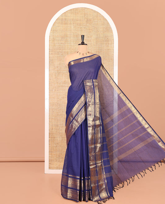 Navy Blue Plain Chettinad Cotton Saree, Highlighted by Traditional Zari Temple Rettai Pettu Peacock-Elephant Border, Striped Pallu and a Matching Blouse