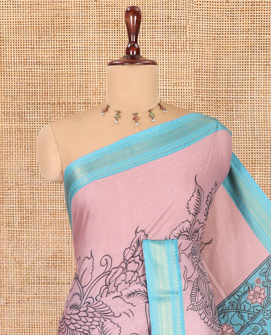 Onion Pink Mangalagiri Cotton Saree Features Kalamkari Flora-Fauna-Humans, a Contrast Border, and Printed Blouse