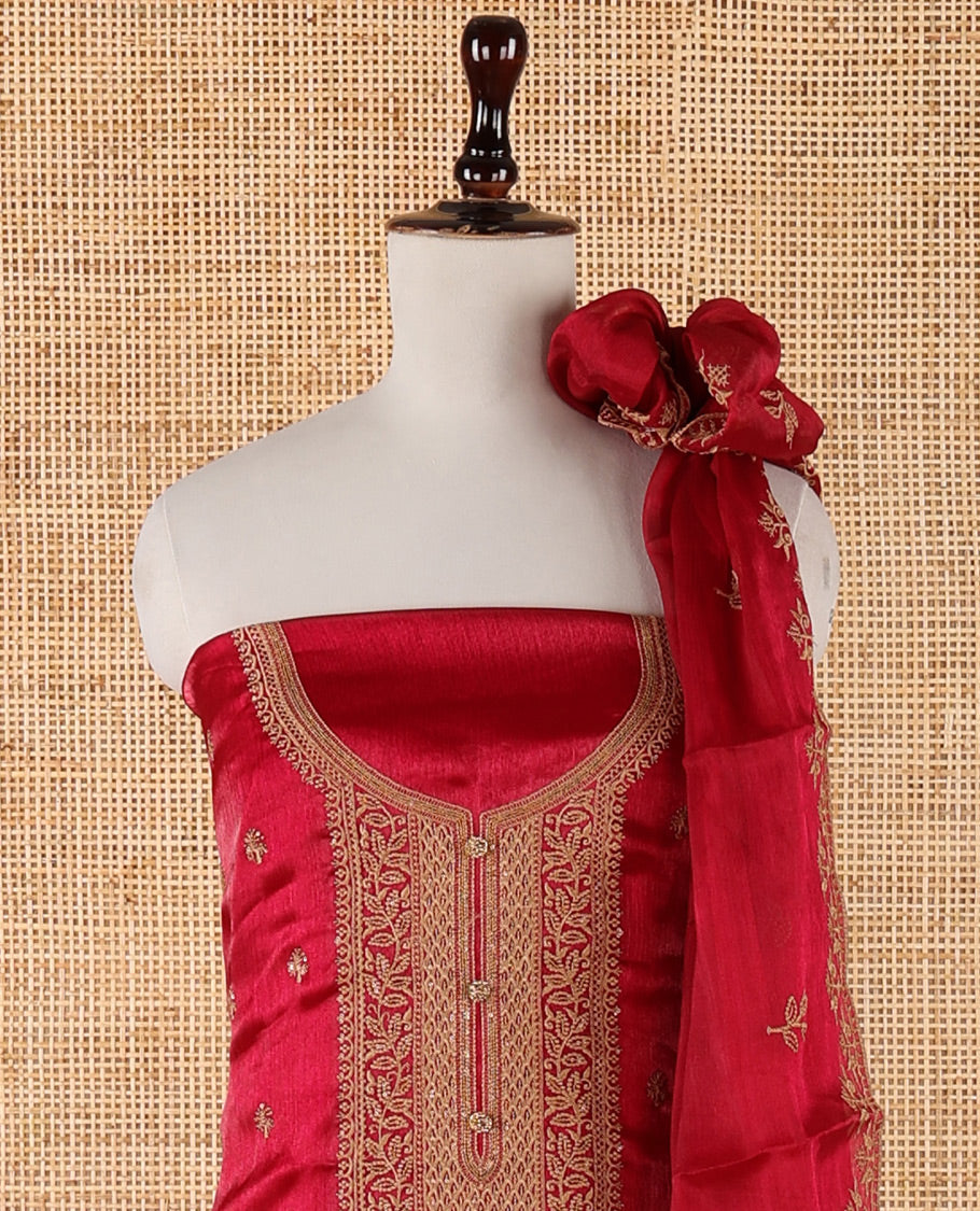 Rani pink chudidar material set, floral design thread embroidered burberry top, floral-themed embroidered burberry dupatta & plain santoon bottom