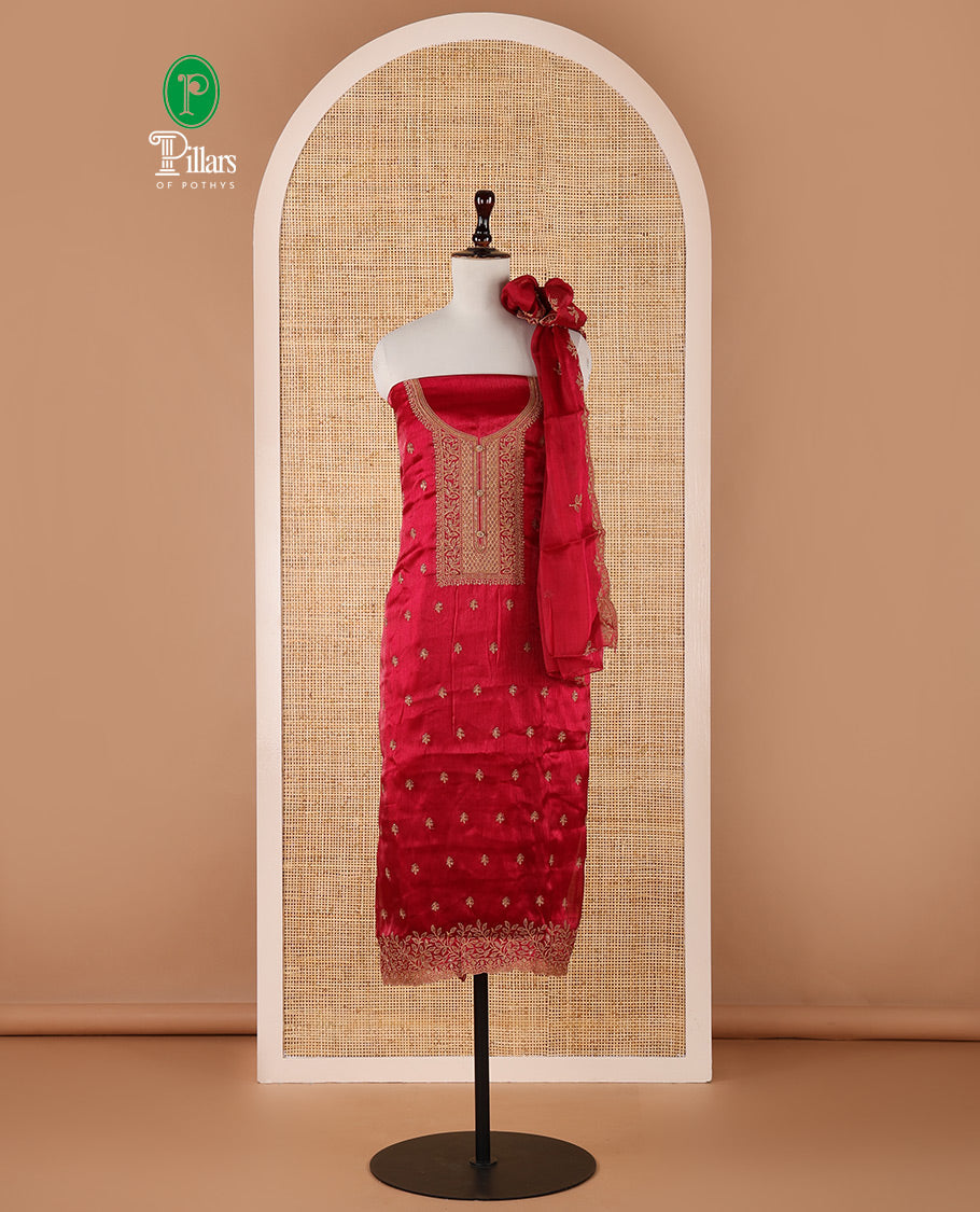 Rani pink chudidar material set, floral design thread embroidered burberry top, floral-themed embroidered burberry dupatta & plain santoon bottom