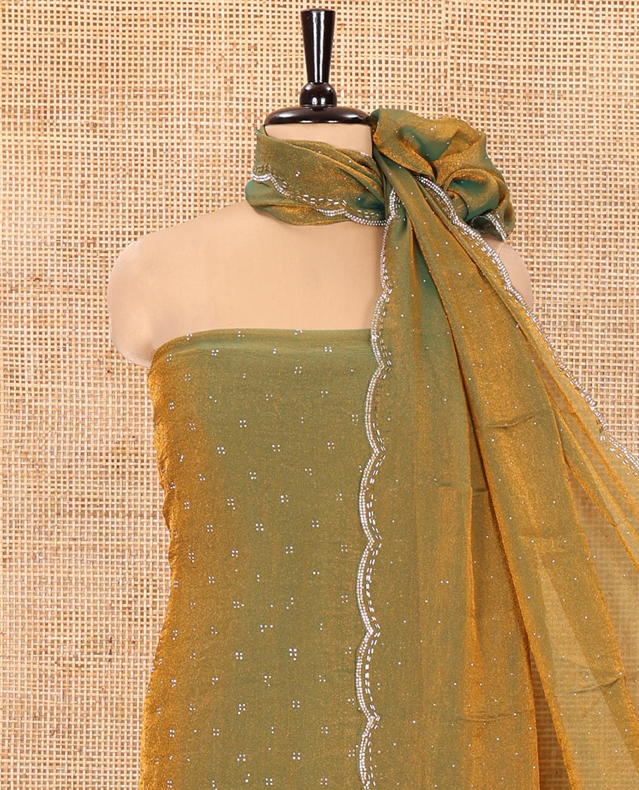 Green Moss Organza Material Churidar Set, Gleamed Up with Swarovski Stone Work-Style Floral Top, Comes with a Plain Santoon Bottom, and Is Paired with Swarovski Stone Work Moss Organza Dupatta