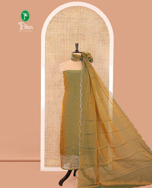 Green Moss Organza Material Churidar Set, Gleamed Up with Swarovski Stone Work-Style Floral Top, Comes with a Plain Santoon Bottom, and Is Paired with Swarovski Stone Work Moss Organza Dupatta