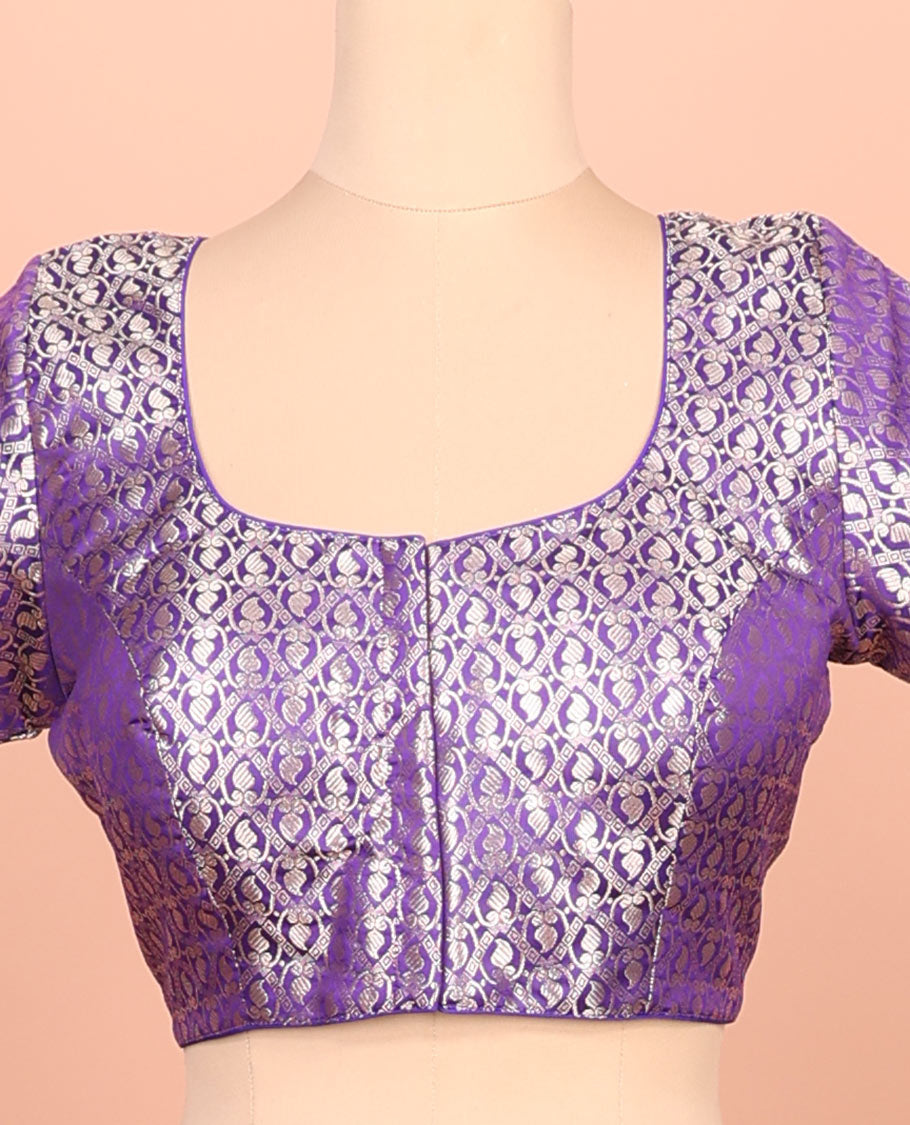 Violet paisleys-theme jacquard front-back round neck elbow-sleeve readymade blouse