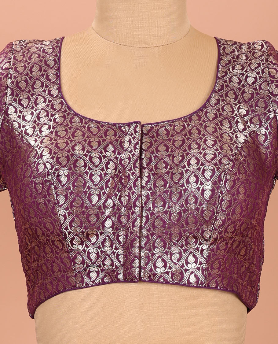 Purple Readymade Blouse Enthralled with Jacquard Design, Featuring a Front Round Neck, Back Round Neck, and Elbow Sleeves