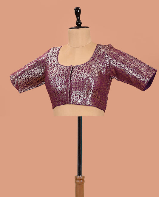 Purple Readymade Blouse Enthralled with Jacquard Design, Featuring a Front Round Neck, Back Round Neck, and Elbow Sleeves