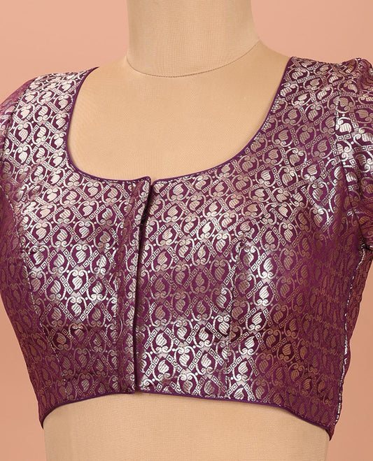 Purple Readymade Blouse Enthralled with Jacquard Design, Featuring a Front Round Neck, Back Round Neck, and Elbow Sleeves