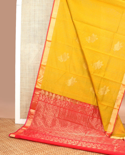 Mustard motifs silk cotton saree with contrast zari border & checked floral design pallu