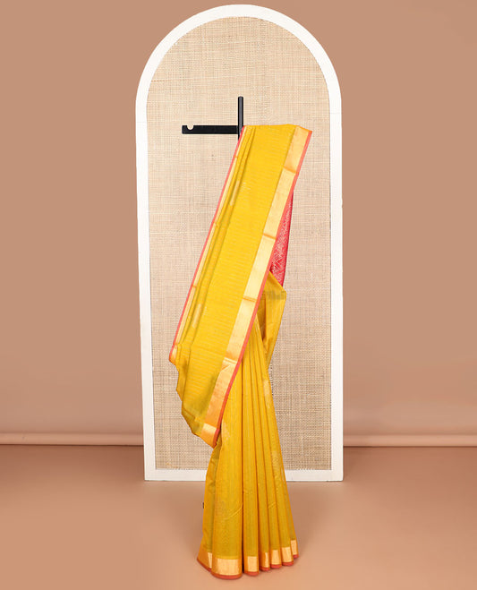 Mustard motifs silk cotton saree with contrast zari border & checked floral design pallu