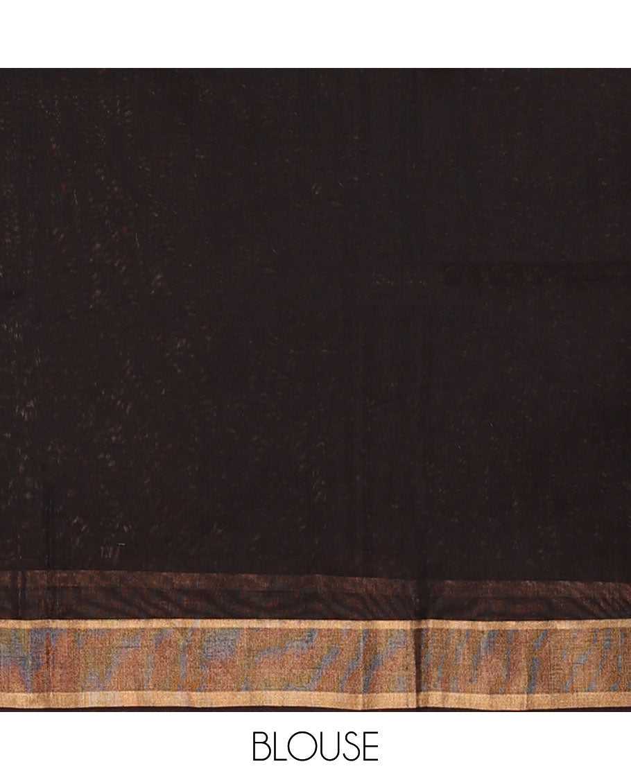 Brown zari buttas silk cotton saree, zari border, and pallu steeped with leaf motifs in zari