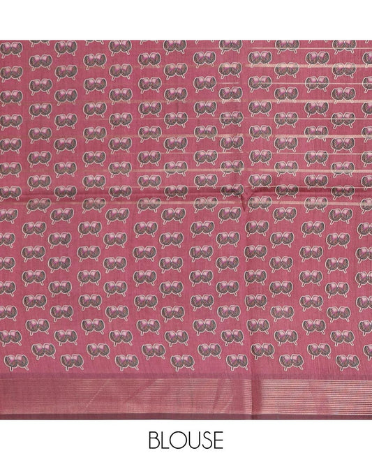 Multi-color striped and floral vine printed tussar silk saree, contrast crane bird printed border, and zari woven pallu