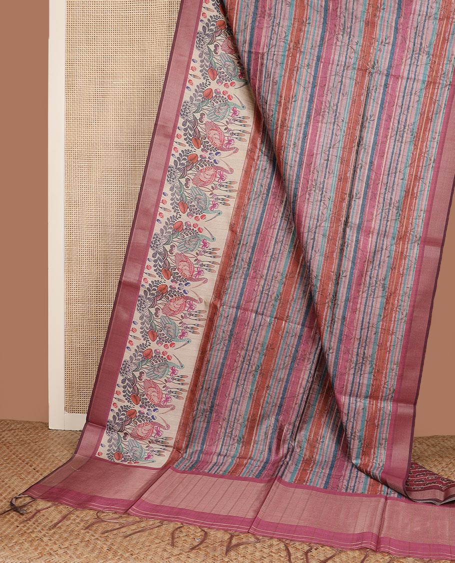 Multi-color striped and floral vine printed tussar silk saree, contrast crane bird printed border, and zari woven pallu