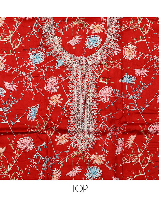 Red material chudidar set, floral print with neck embroidered top, plain bottom, and contrast chevron sequins-thread striped dupatta