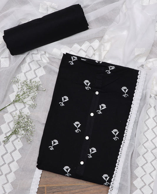 Black material chudidar set, floral thread embroidered top, plain bottom, and contrast chikankari-style thread embroidered dupatta