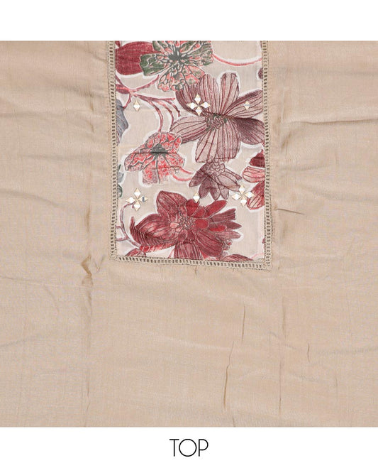 Beige and brown material chudidar set, floral print with mirror work patch neck embroidered top, contrast bottom and floral printed dupatta