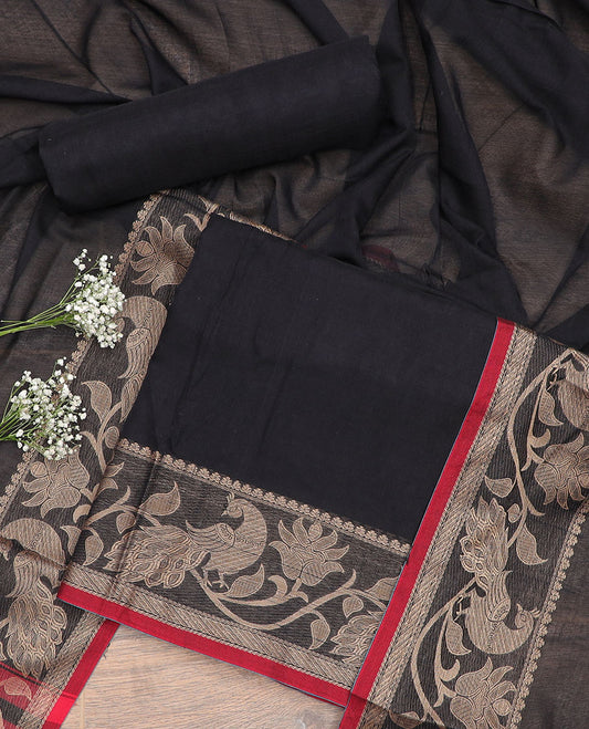 Black floral, peacock design chudidhar material top with plain bottom & plain, zari design border dupatta