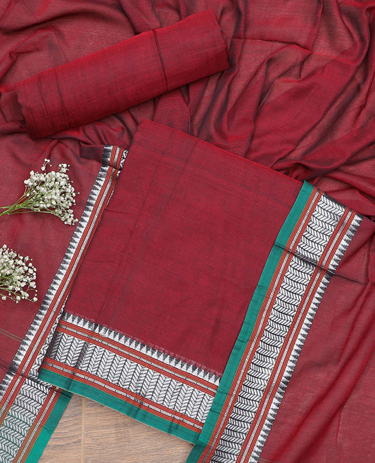 Maroon chevron, temple design chudidhar material top with plain bottom & plain, zari design border dupatta
