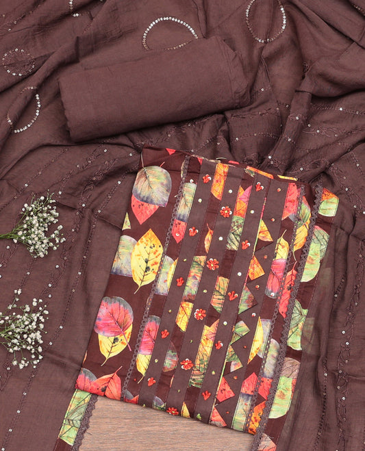 Brown Cotton Material Churidar Set, Artfully Detailed with Leaf Motifs Top, Matching Bottom, and Sequins Embroidered Dupatta