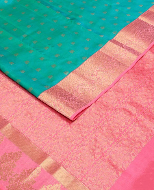 Blue zari buttas Vasundhara silk mix saree, contarst traditional design zari border & geometric patterned pallu
