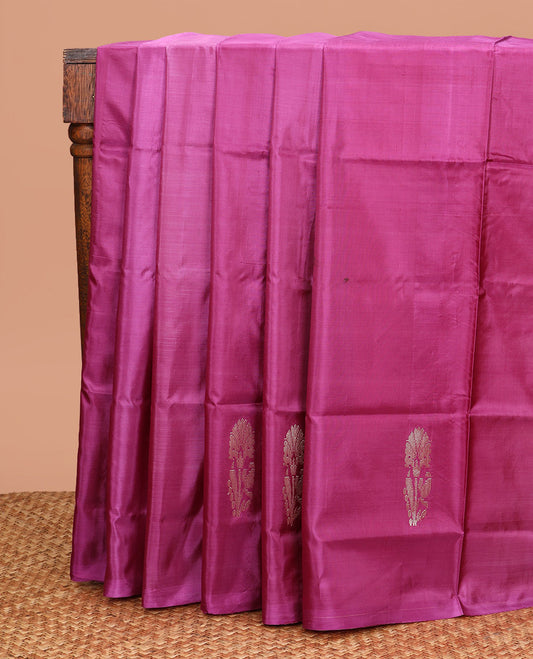 Borderless Purple Banana Pith Saree, Elevated with Floral Buttas All Over Its Body, Complemented by a Contrast Pallu Depicting Stripes and Floral Buttas, and Paired with a Contrast Blouse