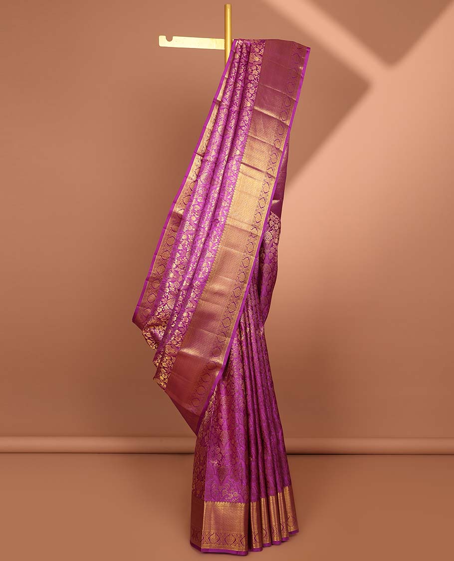 Pink floral jacquard kancheepuram silk saree with self zari design border & pallu of argyle pattern