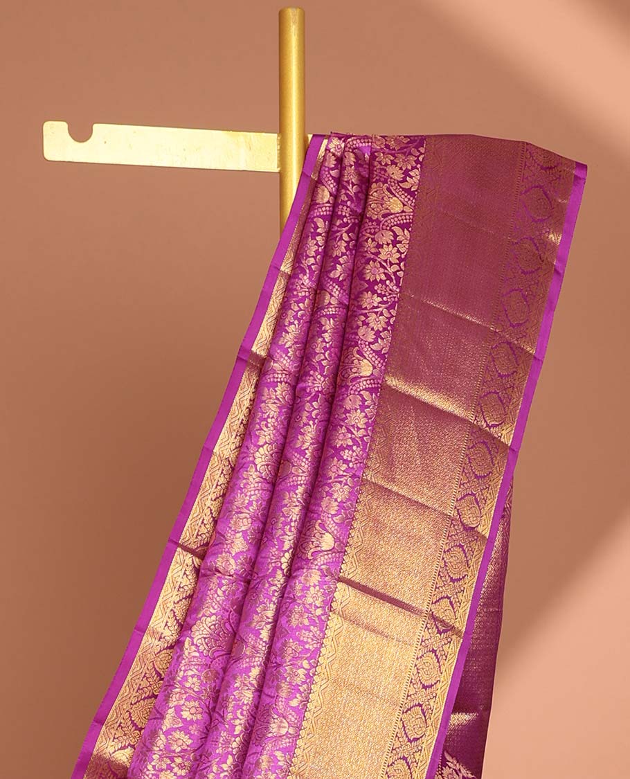 Pink floral jacquard kancheepuram silk saree with self zari design border & pallu of argyle pattern