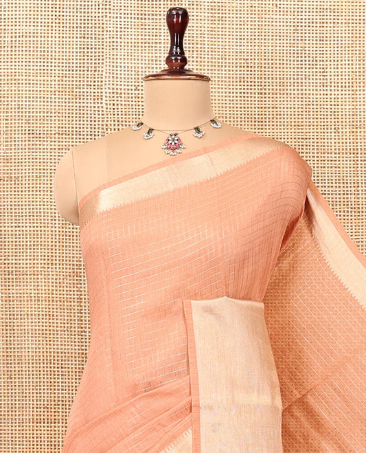 Peach Plain Assam Silk Saree, Complemented by a Contrast Traditional Zari Border, Zari-Design Pallu, and a Contrast Blouse